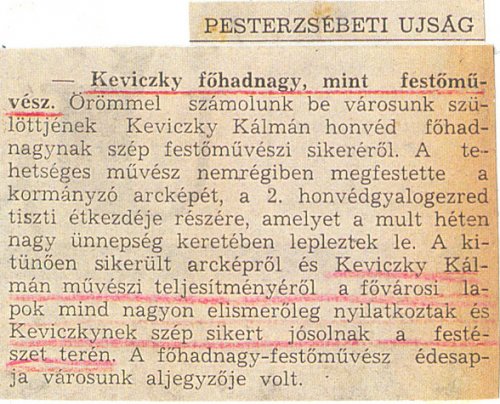 Keviczky Kálmán Horthy Miklós festményéről írt cikk a Pesterzsébeti Újságban