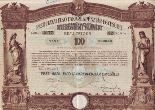 Nyeremény kötvény Pesti Hazai Első Takarékpénztár-Egyesület
